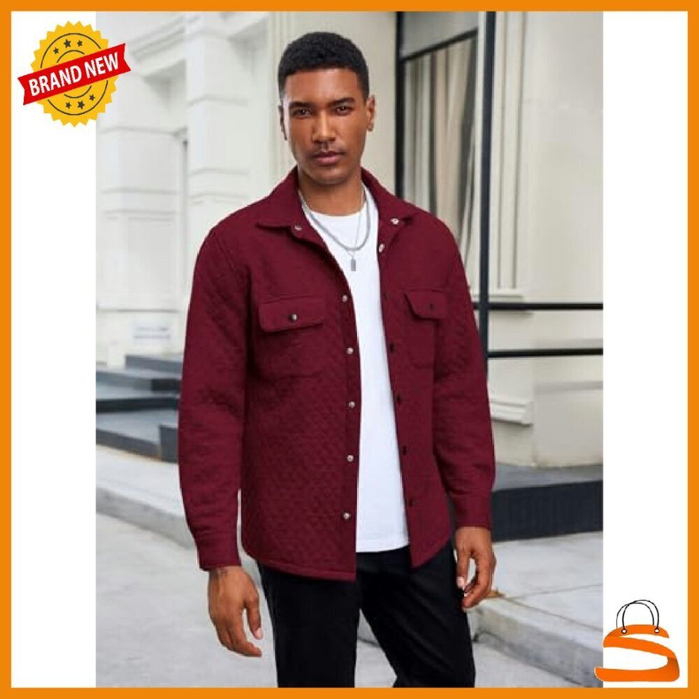 Men's Quilted Shacket Lightweight Jacket Snap Button Pockets Fall Spring - Picture 6 of 8